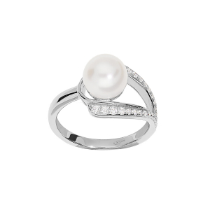 BAGUE ARGENT RHODIÉ PERLE DE CULTURE D'EAU DOUCE BLANCHE ET OXYDES BLANCS SERTIS