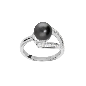 BAGUE ARGENT RHODIÉ PERLE DE CULTURE DE TAHITI VÉRITABLE ET OXYDES BLANCS SERTIS