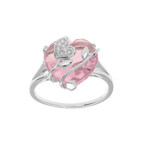 BAGUE ARGENT PLATINÉ COEUR OXYDE ROSE AVEC VOLUTE
