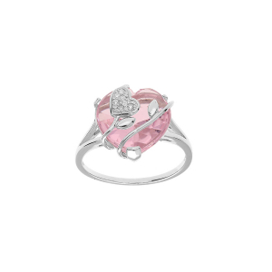 BAGUE ARGENT PLATINÉ COEUR OXYDE ROSE AVEC VOLUTE