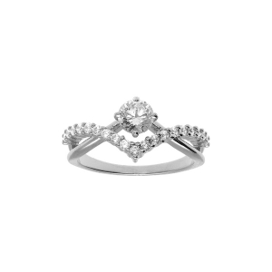 BAGUE ARGENT RHODIÉ SOLITAIRE OXYDE BLANC SERTI 5MM  AVEC POINTE OXYDES BLANCS