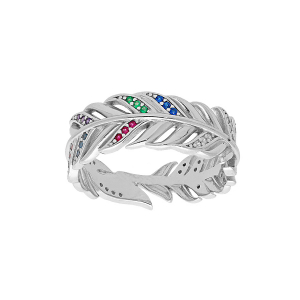 BAGUE ARGENT RHODIÉ PLUME 7MM OXYDES MULTI COULEURS