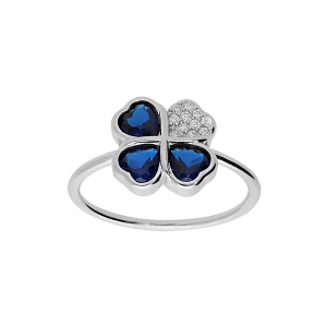 BAGUE ARGENT RHODIÉ TREFLE ET COEUR 10MM OXYDES BLEUS