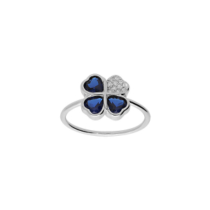 BAGUE ARGENT RHODIÉ TREFLE ET COEUR 10MM OXYDES BLEUS