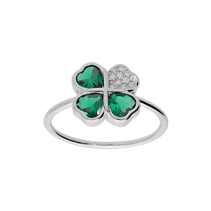 BAGUE ARGENT RHODIÉ TREFLE ET COEUR 10MM OXYDES VERTS
