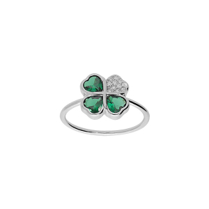 BAGUE ARGENT RHODIÉ TREFLE ET COEUR 10MM OXYDES VERTS