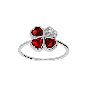 BAGUE ARGENT RHODIÉ TREFLE ET COEUR OXYDES ROUGE