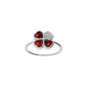 BAGUE ARGENT RHODIÉ TREFLE ET COEUR OXYDES ROUGE
