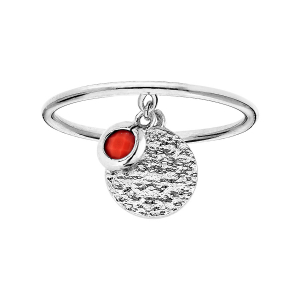 BAGUE ARGENT RHODIÉ PAMPILLE PIERRE SYNTHETIQUE COULEUR CORAIL AVEC PASTILLE ANTIQUE