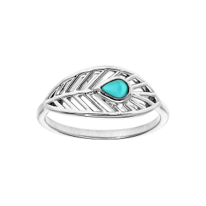 BAGUE ARGENT RHODIÉ PLUME AVEC PIERRE SYNTHETIQUE COULEUR TURQUOISE
