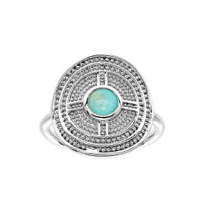 BAGUE ARGENT RHODIÉ FORME RONDE MOTIF GEOMETRIQUE PIERRE AMAZONITE VÉRITABLE