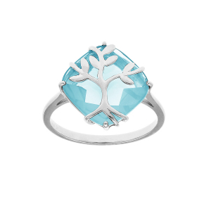 BAGUE ARGENT PLATINÉ  OXYDE BLEU CIEL AVEC ARBRE DE VIE