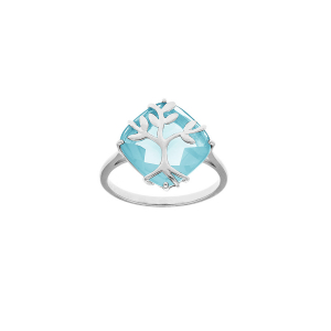 BAGUE ARGENT PLATINÉ  OXYDE BLEU CIEL AVEC ARBRE DE VIE