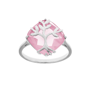 BAGUE ARGENT PLATINÉ  OXYDE ROSE AVEC ARBRE DE VIE