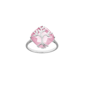 BAGUE ARGENT PLATINÉ  OXYDE ROSE AVEC ARBRE DE VIE