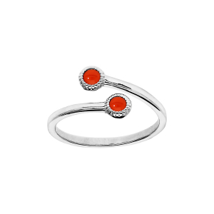 BAGUE ARGENT RHODIÉ TOI ET MOI  AVEC PIERRE SYNTHETIQUE COULEUR CORAIL