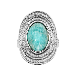 BAGUE ARGENT RHODIÉ OVALE PIERRE CABOCHON AMAZONITE VÉRITABLE