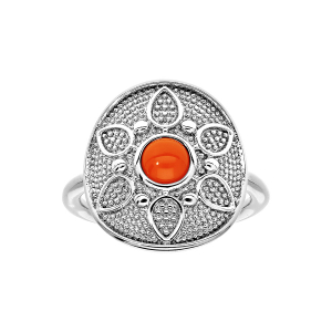 BAGUE ARGENT RHODIÉ FORME RONDE MOTIF FLEUR PIERRE SYNTHETIQUE COULEUR CORAIL