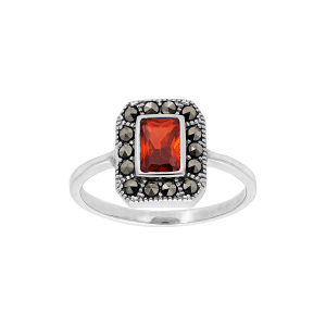 BAGUE ARGENT RHODIÉ RETRO CONTOUR MARCASSITE ET OXYDE GRENAT