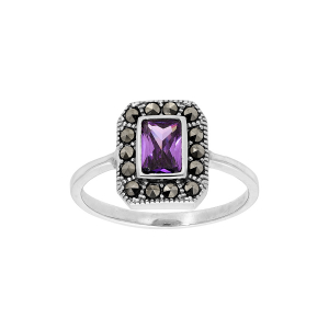 BAGUE ARGENT RHODIÉ RETRO CONTOUR MARCASSITE ET OXYDE VIOLET