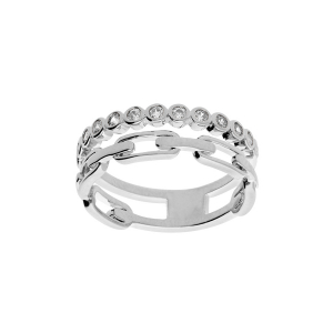 BAGUE ARGENT RHODIÉ 2 RANGS OXYDES BLANCS SERTIS ET MAILLE RECTANGULAIRE