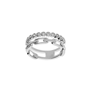 BAGUE ARGENT RHODIÉ 2 RANGS OXYDES BLANCS SERTIS ET MAILLE RECTANGULAIRE