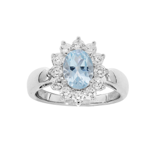 BAGUE ARGENT RHODIÉ MASSIF PIERRE NATURELLE OVALE TOPAZE BLEUE OXYDES BLANCS SERTIS