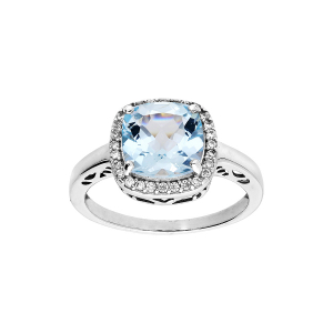 BAGUE ARGENT RHODIÉ MASSIF PIERRE CARRÉ TOPAZE BLEUE VERITABLE OXYDES BLANCS SERTIS