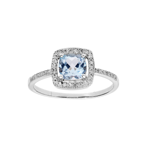 BAGUE ARGENT RHODIÉ MASSIF PIERRE CARRÉ TOPAZE BLEUE VERITABLE CONTOUR OXYDES BLANCS SERTIS