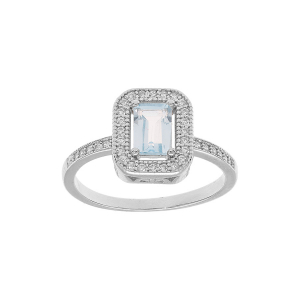 BAGUE ARGENT RHODIÉ MASSIF PIERRE CARRÉ TOPAZE BLEUE VÉRITABLE CONTOUR OXYDES BLANCS SERTIS
