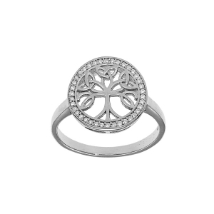 BAGUE ARGENT RHODIÉ ARBRE DE VIE CELTIQUE  14MM CONTOUR OXYDES BLANCS SERTIS
