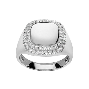 BAGUE ARGENT RHODIÉ  PLATEAU CARRÉ CONTOUR OXYDES BLANCS SERTIS
