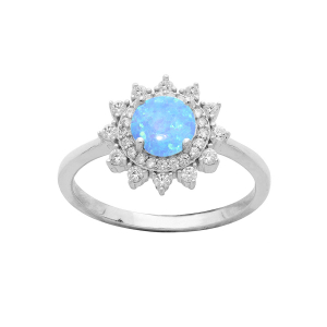 BAGUE ARGENT RHODIÉ RONDE OPALE BLEUE IMITATION CONTOUR OXYDES BLANCS SERTIS