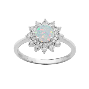 BAGUE ARGENT RHODIÉ RONDE OPALE BLANCHE IMITATION CONTOUR OXYDES BLANCS SERTIS