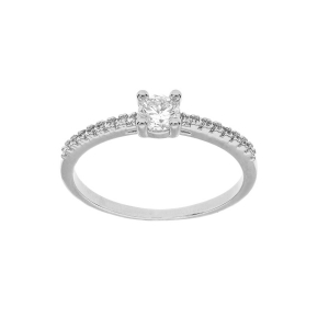 BAGUE ARGENT RHODIÉ SOLITAIRE OXYDES BLANCS SERTIS ET 1 OXYDE BLANC SERTI GRIFFE