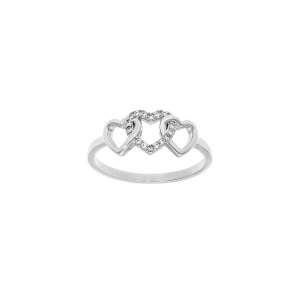 BAGUE ARGENT RHODIÉ 3 COEURS ENTRELACÉS 1 LISSE ET 2 AVEC OXYDES BLANCS SERTIS
