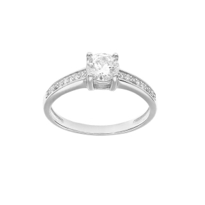BAGUE ARGENT RHODIÉ SOLITAIRE OXYDES BLANCS SERTIS ET 1 OXYDE CENTRAL BLANC SERTI