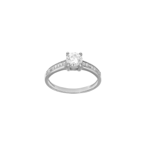 BAGUE ARGENT RHODIÉ SOLITAIRE OXYDES BLANCS SERTIS ET 1 OXYDE CENTRAL BLANC SERTI