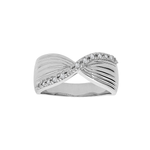 BAGUE ARGENT PLATINÉ CROISÉE OXYDES BLANCS SERTIS