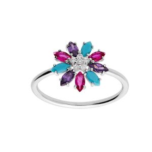 BAGUE ARGENT RHODIÉ FLEUR OXYDES MULTI COULEURS