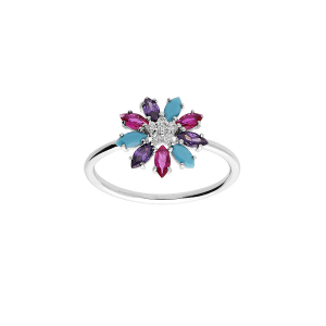 BAGUE ARGENT RHODIÉ FLEUR OXYDES MULTI COULEURS