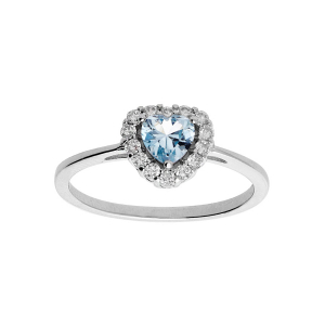 BAGUE ARGENT RHODIÉ FORME COEUR OXYDE BLEU CIEL ET CONTOUR OXYDES BLANCS