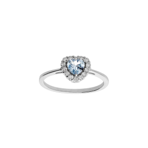 BAGUE ARGENT RHODIÉ FORME COEUR OXYDE BLEU CIEL ET CONTOUR OXYDES BLANCS