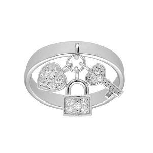 BAGUE ARGENT RHODIÉ BRELOQUES CADENAS COEUR CLEFS OXYDES BLANCS