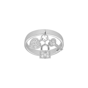 BAGUE ARGENT RHODIÉ BRELOQUES CADENAS COEUR CLEFS OXYDES BLANCS