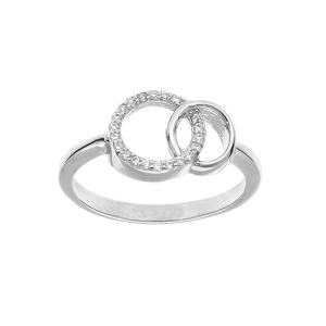 BAGUE ARGENT RHODIÉ 2 CERCLES ENTRELACÉS 1 LISSE ET OXYDES BLANCS SERTIS