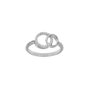 BAGUE ARGENT RHODIÉ 2 CERCLES ENTRELACÉS 1 LISSE ET OXYDES BLANCS SERTIS
