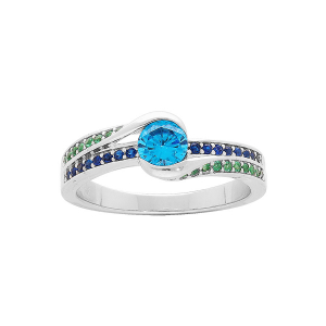 BAGUE ARGENT RHODIÉ 2 RAILS OXYDES BLEUS ET VERTS ET OXYDE CENTRALE BLEU