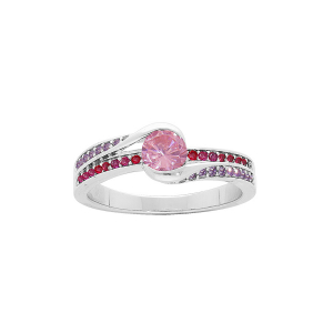 BAGUE ARGENT RHODIÉ 2 RAILS OXYDES ROSES ET VIOLETS ET OXYDE CENTRALE ROSE