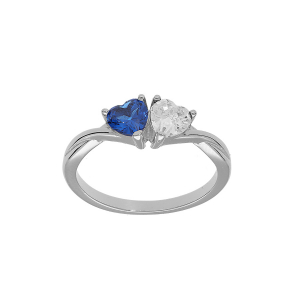 BAGUE ARGENT RHODIÉ DOUBLE COEUR OXYDE BLEU FONCÉ  ET BLANC